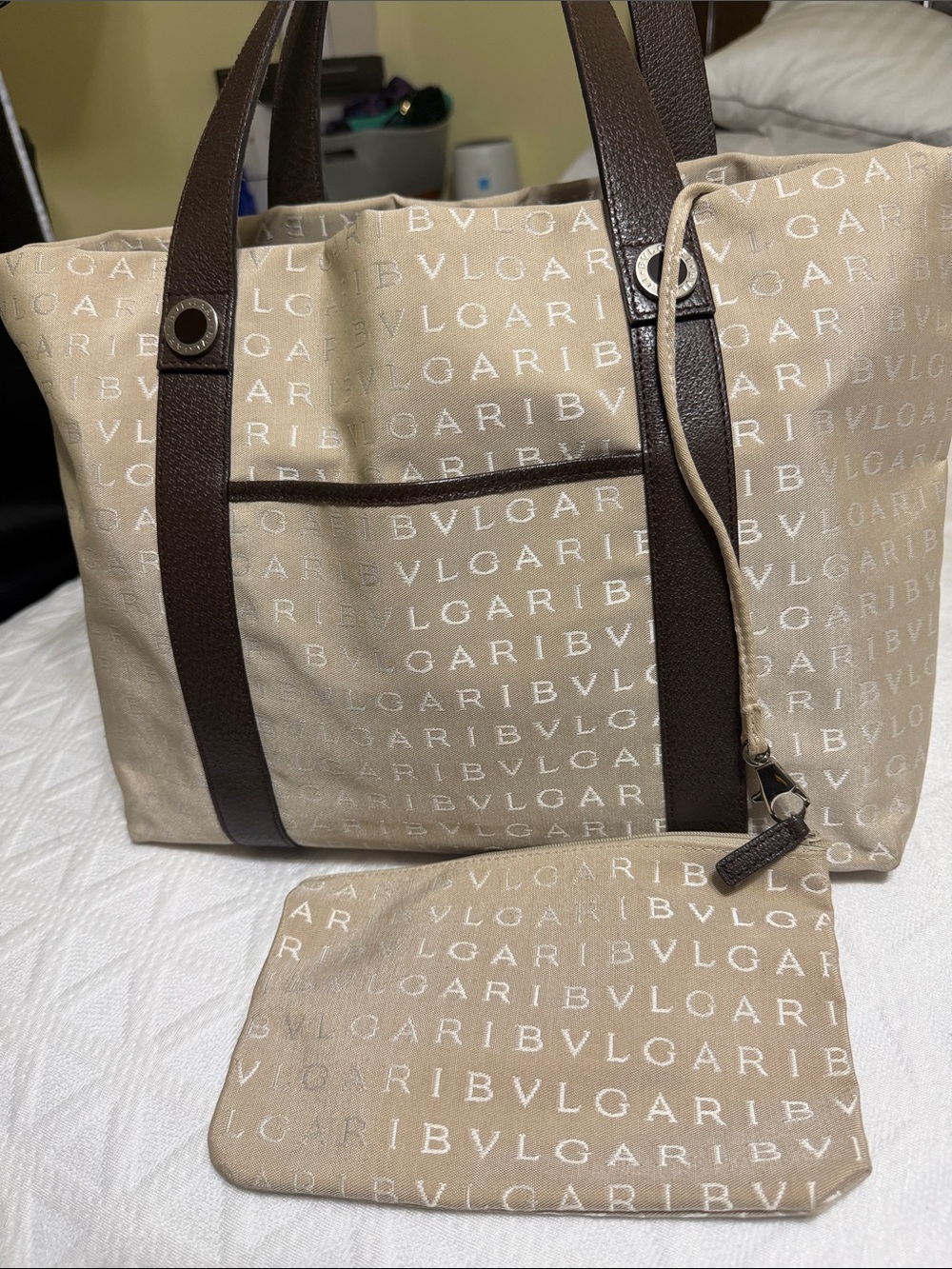 Bulgari Beige Canvas Tote with Dark Brown Leather Trim